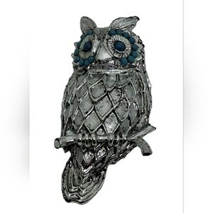 Vintage Owl Brooch Pin Silver Tone with Faux Turquoise Bead Eyes